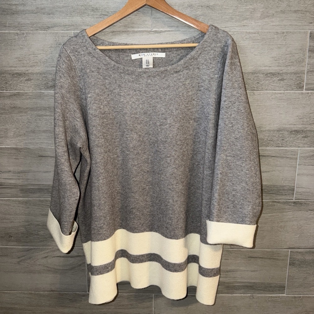 Max Studio Tunic Sweater Gray Ivory Scoop Woman's Size 1X 3/4 Cuffed Sleeves